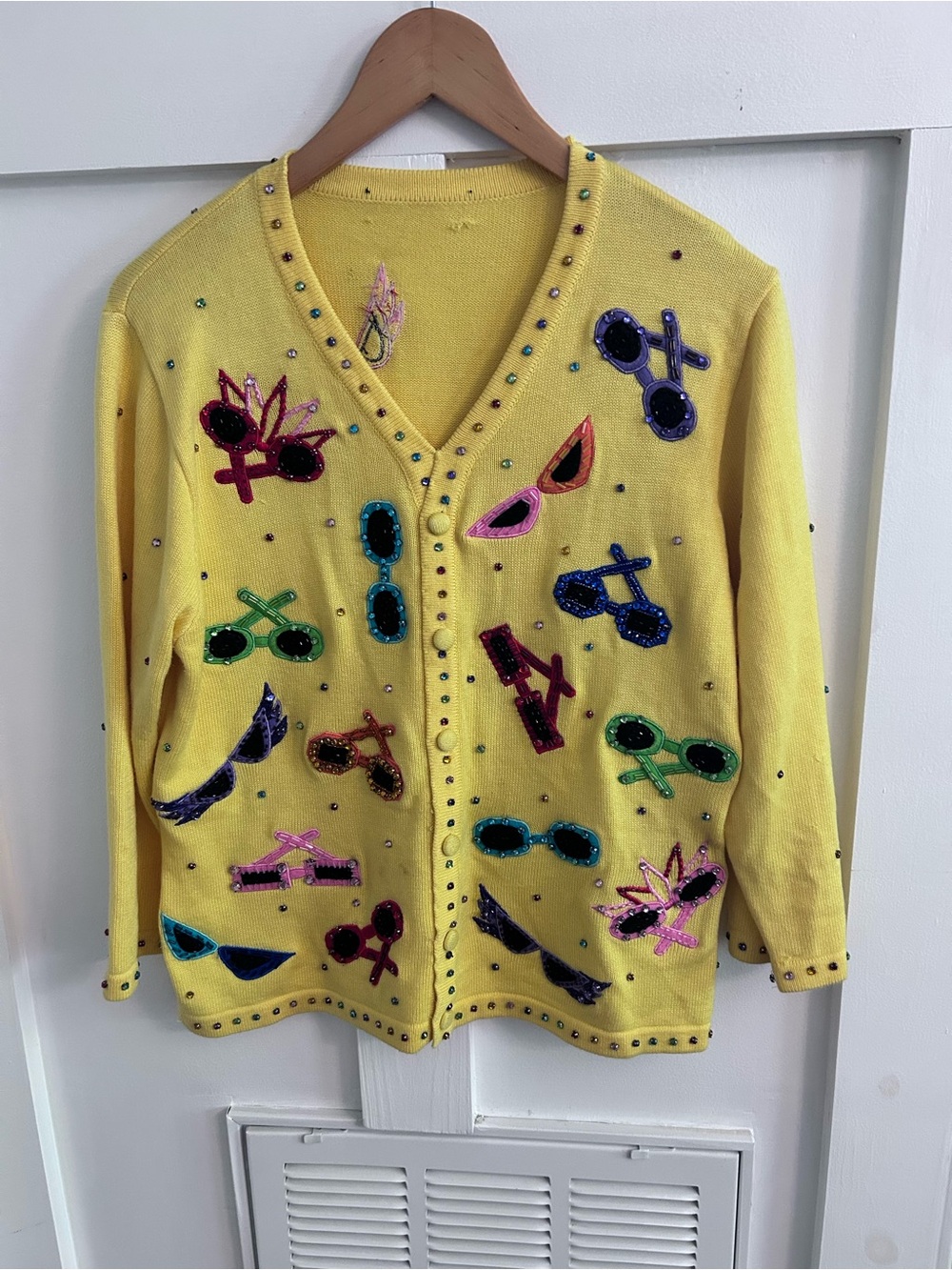 Vintage Yellow Beaded Sunglasses Cardigan Sweater Novelty Embellished Y2K